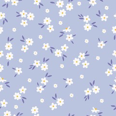 Simple vintage pattern. cute white flowers, blue leaves. light blue background. Fashionable print for textiles and wallpaper.