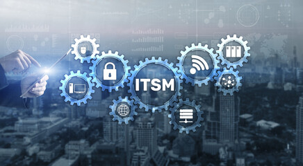 ITSM. Businessman pressing virtual screen IT Service Management. Concept for information technology...