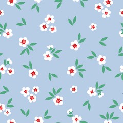 Simple vintage pattern. White flowers, green leaves. light blue background. Fashionable print for textiles and wallpaper.
