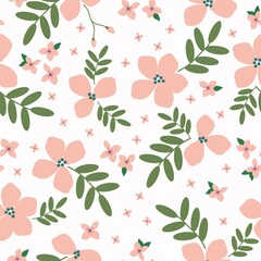 Simple vintage pattern. Pink flowers, green leaves. White background. Fashionable print for textiles and wallpaper.