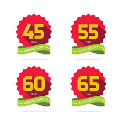 45, 55, 60 and 65 year anniversary number logo vector flat red green yellow color icon, celebrating of birthday jubilee modern labels set ribbon or congratulation date logotype graphic circle round - obrazy, fototapety, plakaty