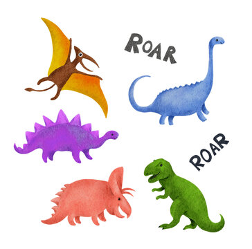 Set of cute dinosaur childish style. T-rex, tricaratops, pterodactyl, diplodocus, stegosaurus. Watercolor naive dino clip art for cildren, kids design