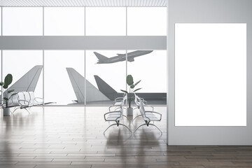 Creative airport waiting area interior with empty mock up poster on wall, reflections on floor, wooden flooring, decorative plants, benches, window with aircraft view and daylight. 3D Rendering.