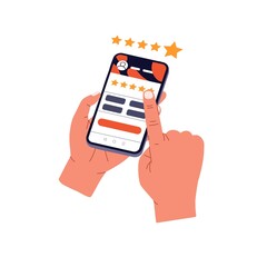 5 star rate, positive feedback of customer. Hands tapping on mobile phone screen for best rank of app application, service satisfaction. Flat vector illustration isolated on white background