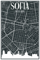 Dark printout city poster with panoramic skyline and hand-drawn streets network on dark gray background of the downtown SOFIA, BULGARIA