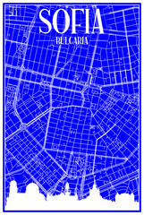 Technical drawing printout city poster with panoramic skyline and hand-drawn streets network on blue background of the downtown SOFIA, BULGARIA