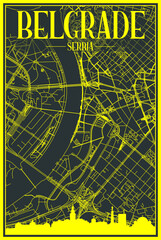 Yellow printout city poster with panoramic skyline and hand-drawn streets network on dark gray background of the downtown BELGRADE, SERBIA