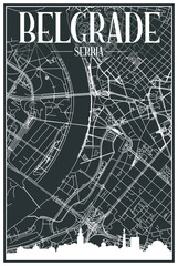 Dark printout city poster with panoramic skyline and hand-drawn streets network on dark gray background of the downtown BELGRADE, SERBIA