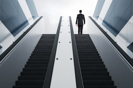 Back view of young man on top of escalator. Lift to success concept. - Powered by Adobe
