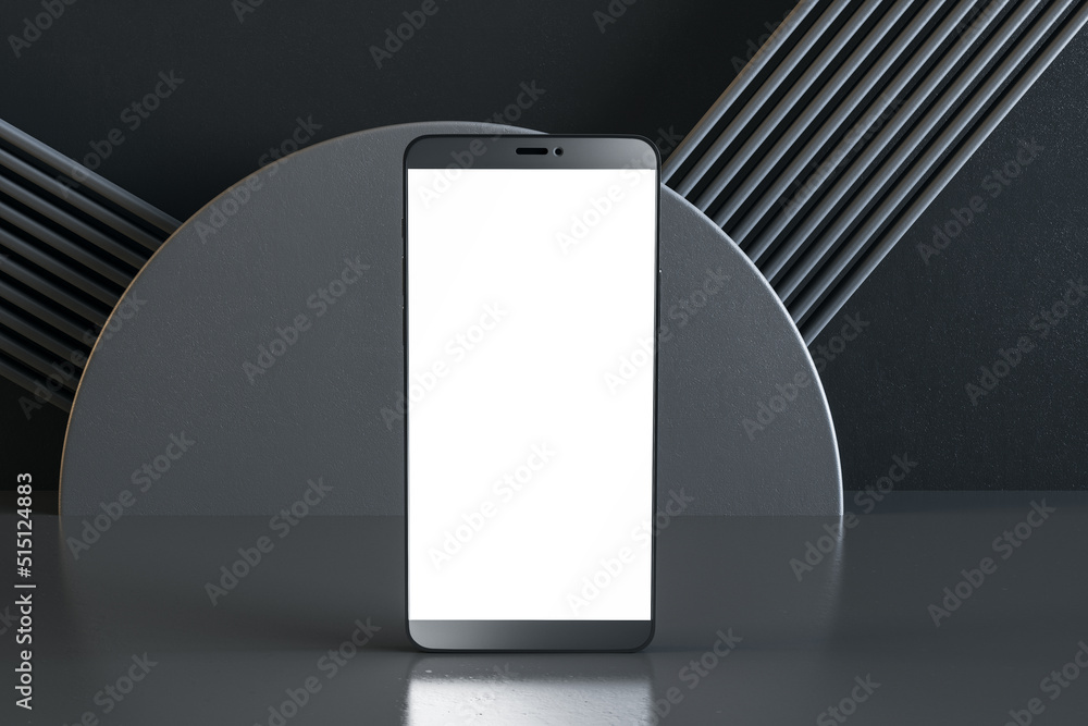 Poster Close up of empty mobile phone with white screen on dark background. Presentation and mock up place concept. 3D Rendering.