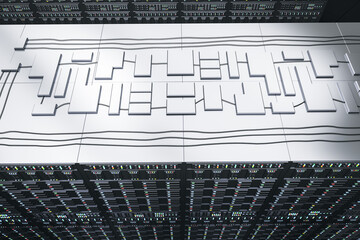 Modern server room interior wallpaper with racks. Cloud computing and telecommunication concept. 3D Rendering.