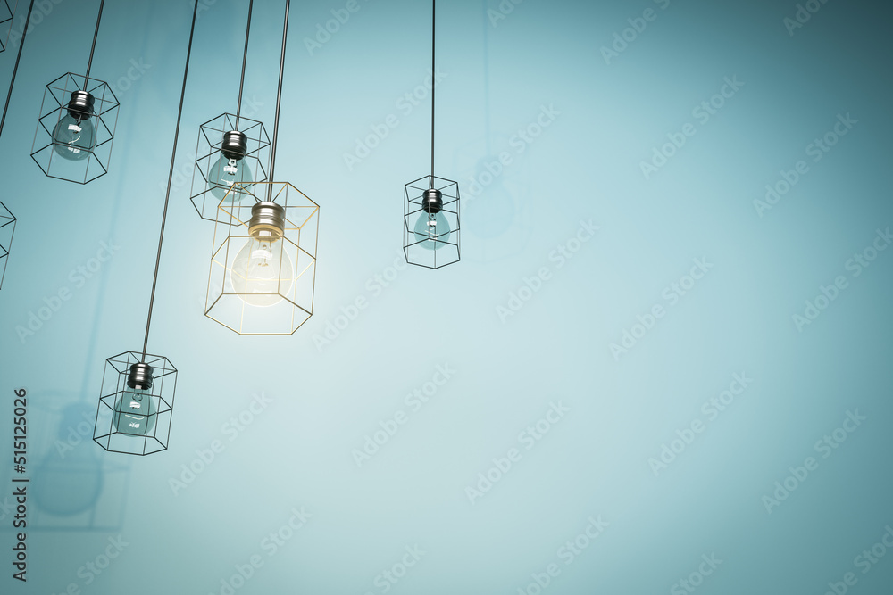 Poster creative lamps hanging on blue wall background with mock up place. decoration and idea concept. 3d r
