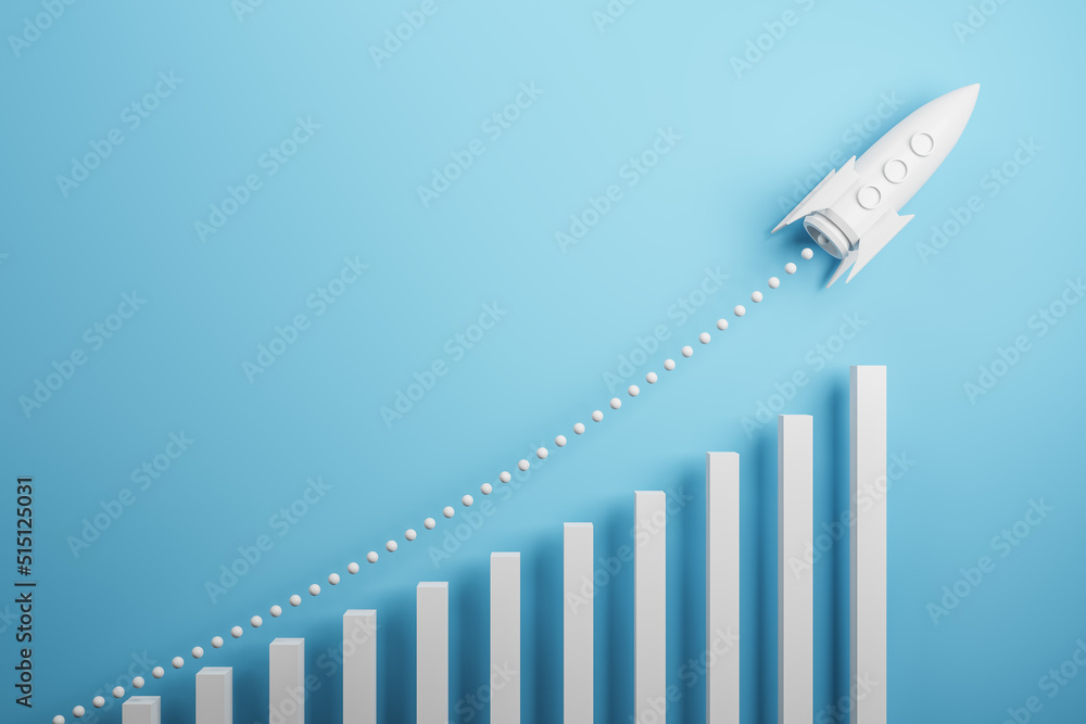 Poster Startup and new project concept with white rocket flying up with dotted trajectory above light growth graph on blue background. 3D rendering