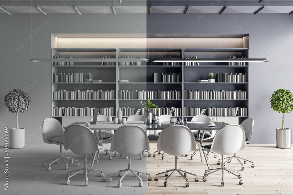 Poster 3d visualization of sunny modern conference room with black bookcase and light furniture and 3d rend