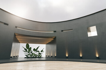 Bright spacious round exhibition hall interior with decorative plants in pots and wooden parquet flooring. 3D Rendering.