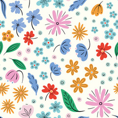 Flower pattern background vector. Trendy seamless repeat design of hand drawn flowers and leaves. 