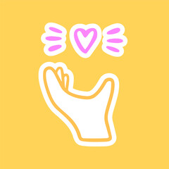 Sticker hand holding a heart. Cute doodle vector style drawn outline.