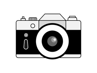 Vintage camera with outline. 35 mm retro film photo camera. Photography studio concept. DSLR big lens. Mirrorless photo device with old look. T shirt design element. Vector illustration,flat, clip art