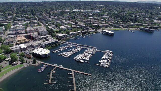 Kirkland Marina Aerial Panning Waterfront Real Estate Towards Bellevue