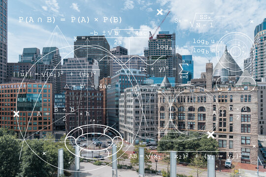 Financial downtown city view panorama of Boston from Harbour area at day time, Massachusetts. Technological and educational concept. Academic research and top ranking universities, hologram