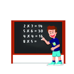 smart boy answers some math addition problems on the blackboard