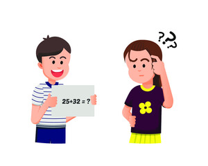Obraz premium little girl is thinking about the answer to the sum of the numbers given by her friend