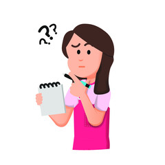 cute little girl seems to be thinking about something while holding a small note and pen