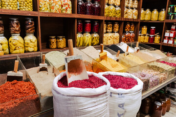 Traditional spices and herbs at the local market in Baku, Azerbaijan.