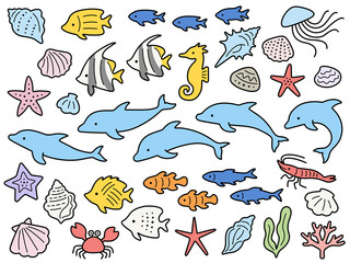 イルカと色々な海の生き物達のイラストセット