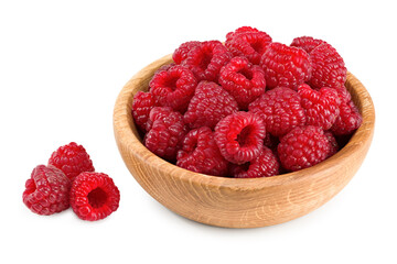 ripe raspberries in wooden bowl isolated on white background. clipping path