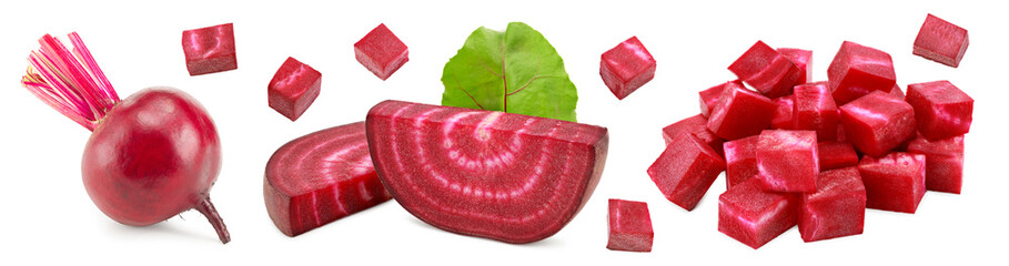 beetroot with pieces of beetroot and green leaf isolated on white background. clipping path