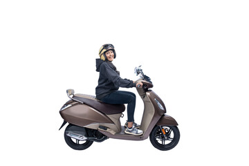 Fototapeta na wymiar Asian woman with a helmet and jacket sitting on a scooter