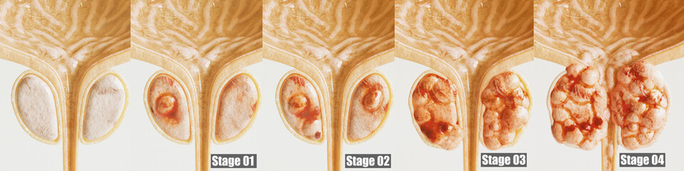 Prostate cancer all 4 stages - detailed close-up - 3D rendering