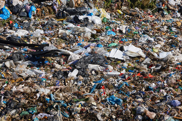 Open air garbage dump. Plastic waste pollution. Global warming. Climate