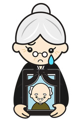 遺影を抱いたおばあさん