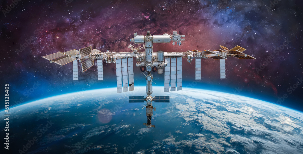 Poster international space station. spaceship in space. iss near earth planet. elements of this image furni