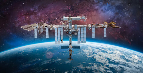 International space station. Spaceship in space. ISS near Earth planet. Elements of this image...