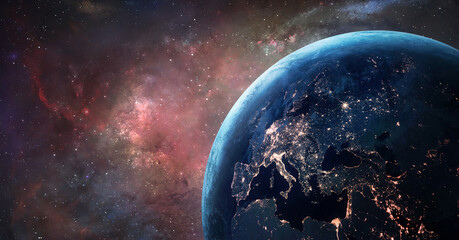 Earth with stars in deep space. Red sky. Earth at night. Elements of this image furnished by NASA
