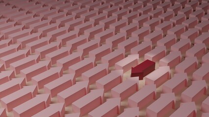 Many arrows pointing in different.one arrow different,concept of leadership and Think different,solution, strategy,plan or success.3D rendering illustration.