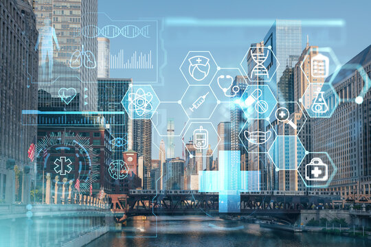 Panorama cityscape of Chicago downtown and Riverwalk, boardwalk with bridges at sunset, Illinois, USA. Health care digital medicine hologram. The concept of treatment and disease prevention