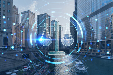 Panorama cityscape of Chicago downtown and Riverwalk, boardwalk with bridges at day time, Illinois, USA. Glowing hologram legal icons. The concept of law, order, regulations and digital justice