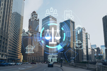 Panorama cityscape of Chicago downtown and Riverwalk, boardwalk with bridges at day time, Illinois, USA. Glowing hologram legal icons. The concept of law, order, regulations and digital justice