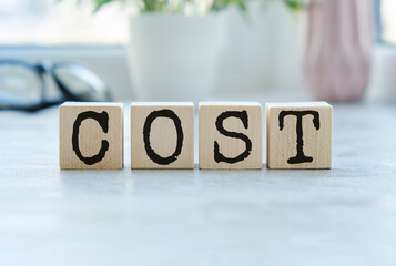 Cost, expense or company profit and loss concept, cube wooden blocks with alphabet combine word...