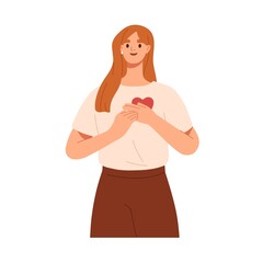Happy woman with love, compassion, generosity in heart. Self-care and acceptance, hope for good concept. Young girl feeling affection, gratitude. Flat vector illustration isolated on white background