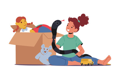 Little Girl Sitting on Floor Playing with Toys, Child Character Taking Play Things from Big Carton Box Isolated on White