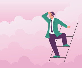 Businessman is looking into future choosing direction of development