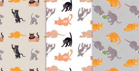 Set of Bright colorful Seamless pattern with Cute Cartoon Cats