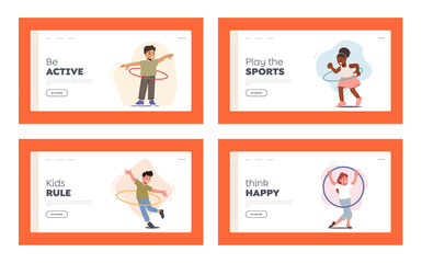 Kids Active Sparetime Landing Page Template Set. Children Exercising with Hula Hoop, Little Characters Rolling Ring