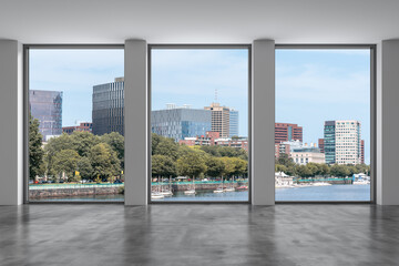 Fototapeta na wymiar Panoramic picturesque city view of Boston at day time from modern empty room, Massachusetts. An intellectual, technological and political center. 3d rendering.