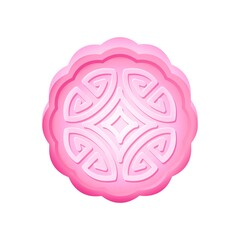 Sweet pink mooncake with pattern design isolated on white backdrop. Traditional chinese food on Mid Autumn festival. Pastry round dessert or pie. Decor for fall eastern holidays. Vector illustration